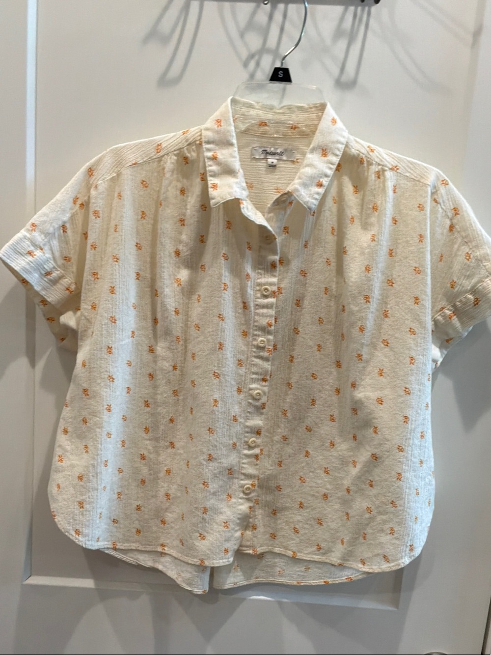 Madewell Small Cream Short-Sleeve Button-Up Orange Floral Motif Soft Feel
